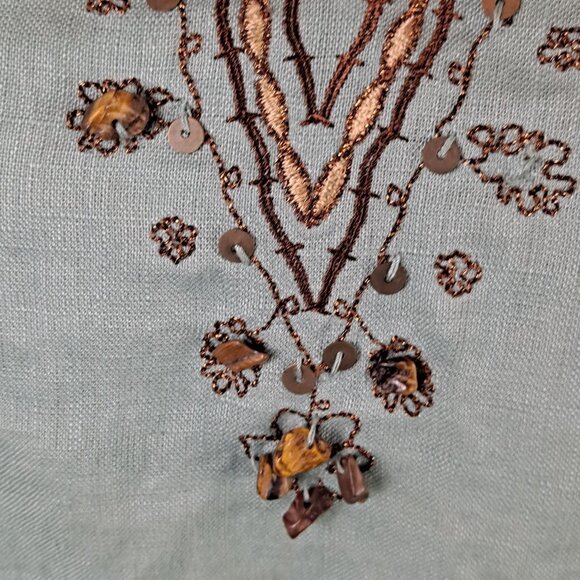 Rafaella Size 8 Light Green Tunic Embroidered Stone Accents 100% Linen Long Slv - Picture 3 of 13